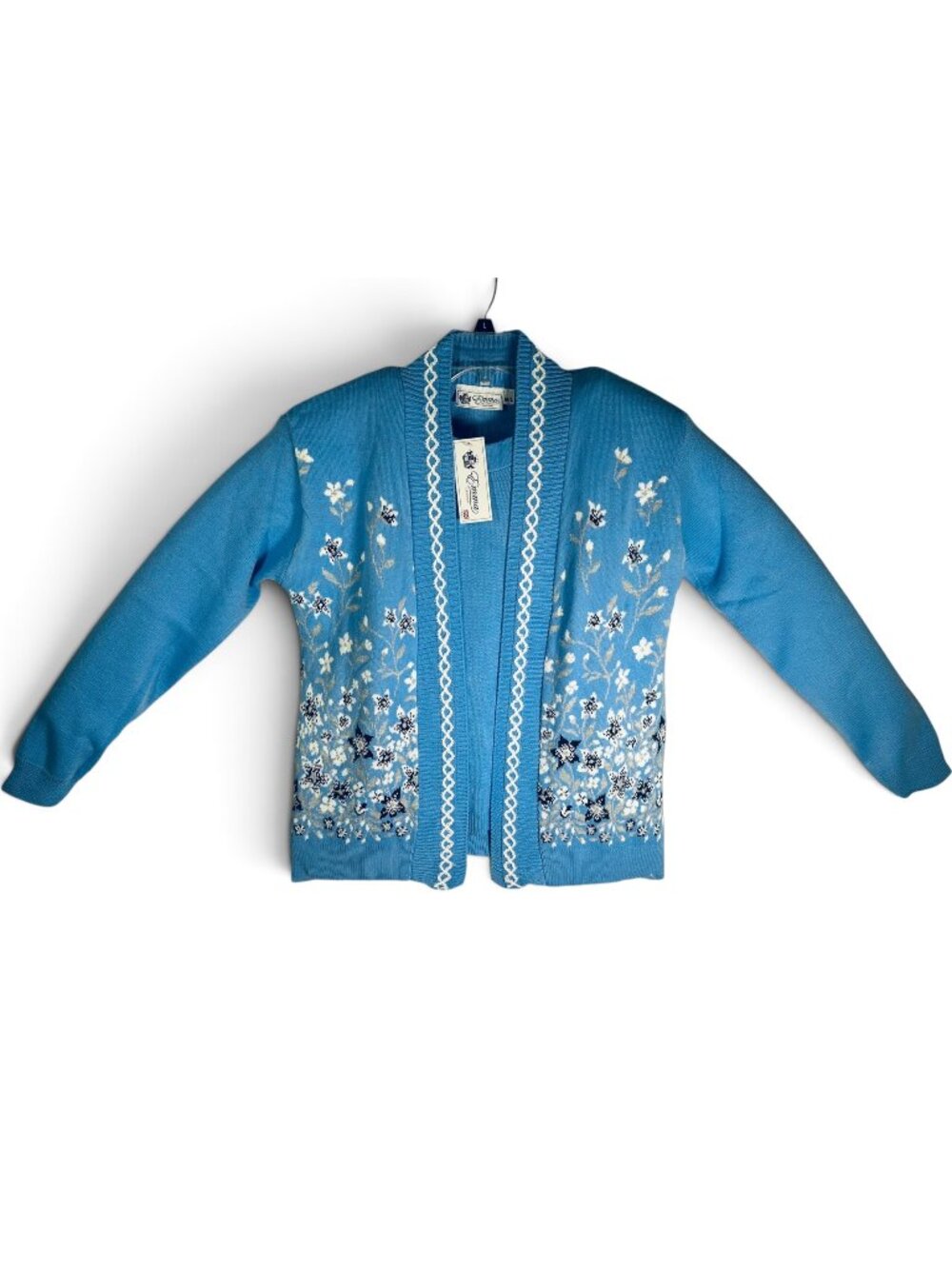 NWT Vintage Emma Collection Blue Floral Knit 2-In-1 Sweater Cardigan Combo M/L